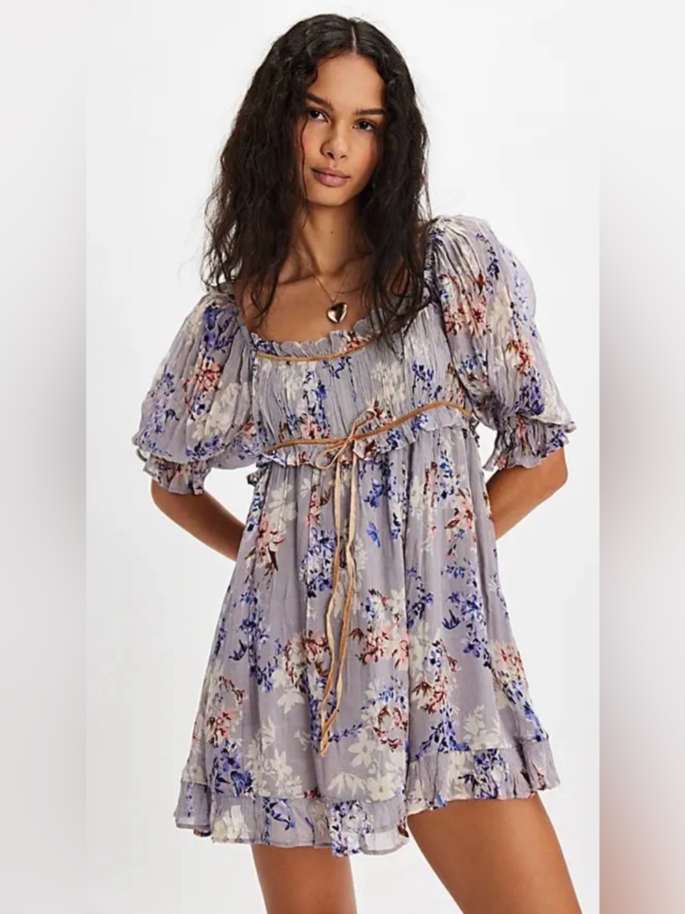 NWT Free People Marney Floral Puff Sleeve Mini Dress S Ruffle Lilac